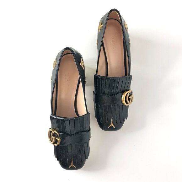 Gucci GG Marmont Fringe Quentin Bee Embroidered Platform Heeled Loafers Pumps 37 - Picture 3 of 9